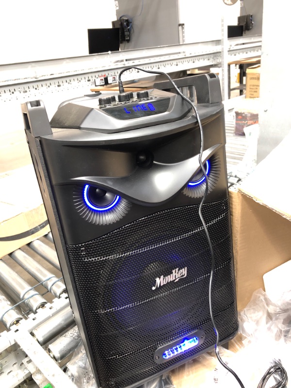 Photo 2 of Moukey Karaoke Machine, PA System Subwoofer, Portable Bluetooth Speaker w/ 2 Wireless Microphones, Lyrics Display Holder, Party Lights & Echo/Treble/Bass Adjustment, Support TWS/REC/AUX/MP3/USB/TF/FM 10" Subwoofer ** pairs but no adui comes out**