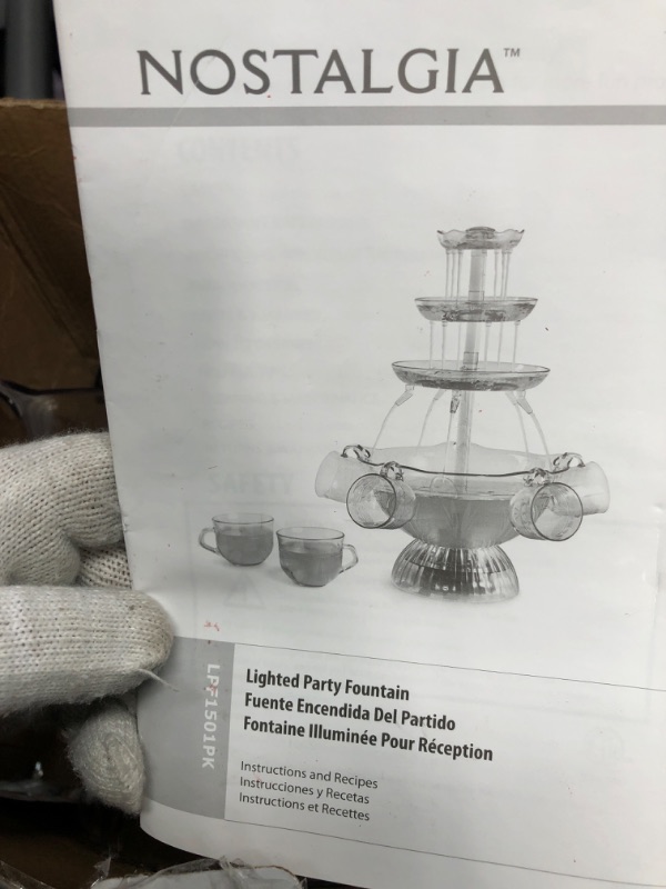 Photo 3 of *FOR PARTS ONLYL* Nostalgia 3-Tier Party Fountain, Holds 1 Gallon, LED Lighted Base, Includes 5 Reusable Cups, 1 Gallon, Clear Standard Fountain