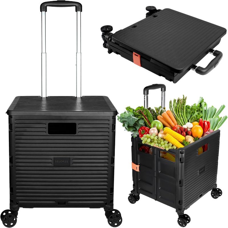 Photo 1 of 
SELORSS Foldable Utility Cart Collapsible Crate Rolling Carts with Wheels Rolling Tote Basket Teacher Cart with Lid Wear-Resistant 360°Rotate Wheel...
Color:Black