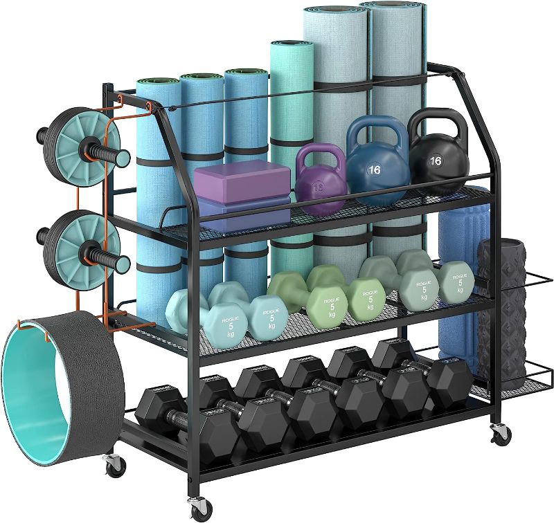 Photo 1 of ***MISSING PARTS***Staransun Home Gym Storage Rack - Weight Rack for Dumbbells - Yoga Mat Storage Rack with Two Extra Side Storage Space - Garage Storage with Caster Wheels - Workout Equipment Organizer - Easy to Assemble