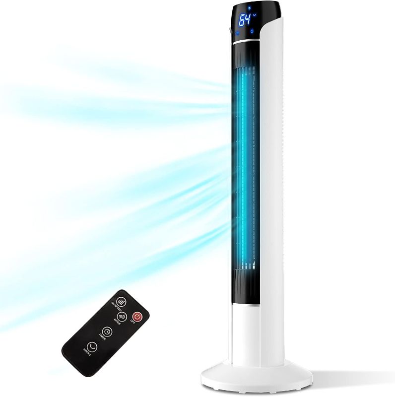 Photo 1 of ***MISSING REMOTE***Uthfy 36" Oscillating Tower Fan with Remote, 15H Timer and Nightime Setting,Electric Cooling Quiet Tower Fan Standing Floor Bladeless Fan with LED Display,Portable for Bedroom,Office,Home (White)