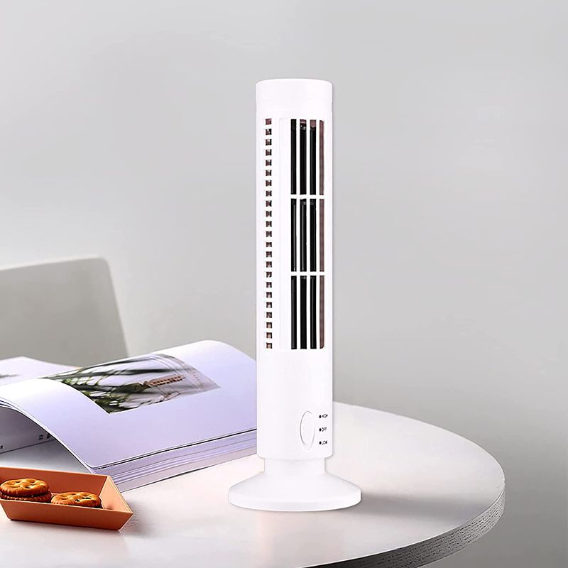 Photo 1 of Portable USB Tower Fan,13inch Mini Air Conditioning Fan,Leafless Standing Desktop Fan 2 Speeds Personal Air Cooler Conditioner Fan Quiet Cooling Fan Oscillating Tower Fan for Office Bedroom (White)
