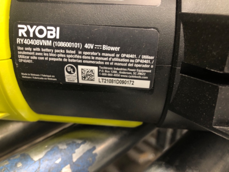 Photo 3 of ***UNTESTED - BATTERY NOT INCLUDED*** RYOBI 110 MPH 525 CFM 40-Volt Lithium-Ion Cordless Variable-Speed  Leaf Blower