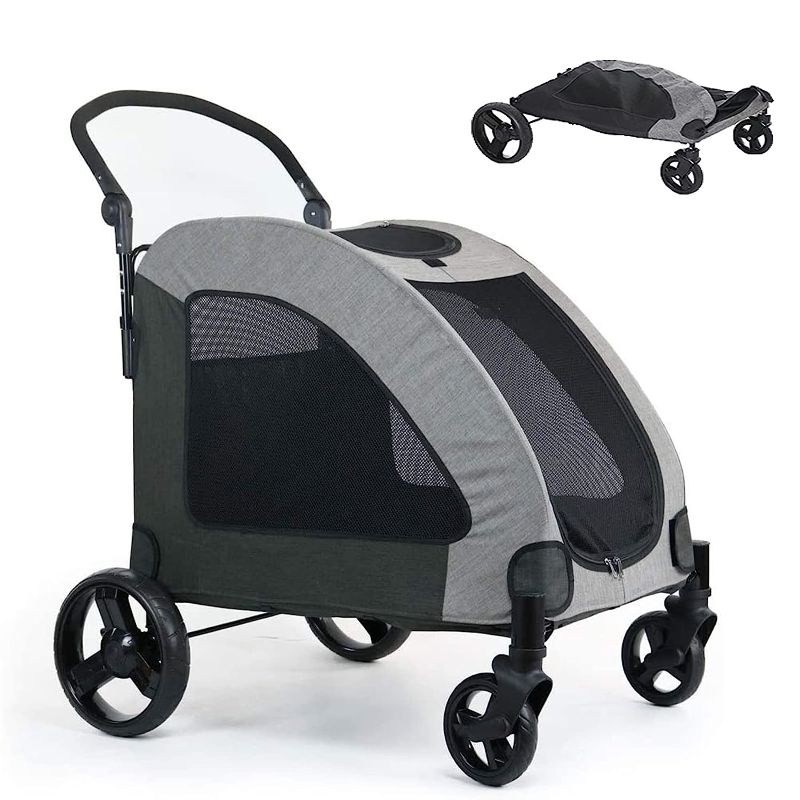 Photo 1 of  Big Dog Stroller Grey Ventilated Foldable Pet Cart  with 4 Rubber Wheels and Adjustable Handle Zipper Entry, Mesh Skylight Cat Dog Stroller for a Variety of Roads Easy Fold

