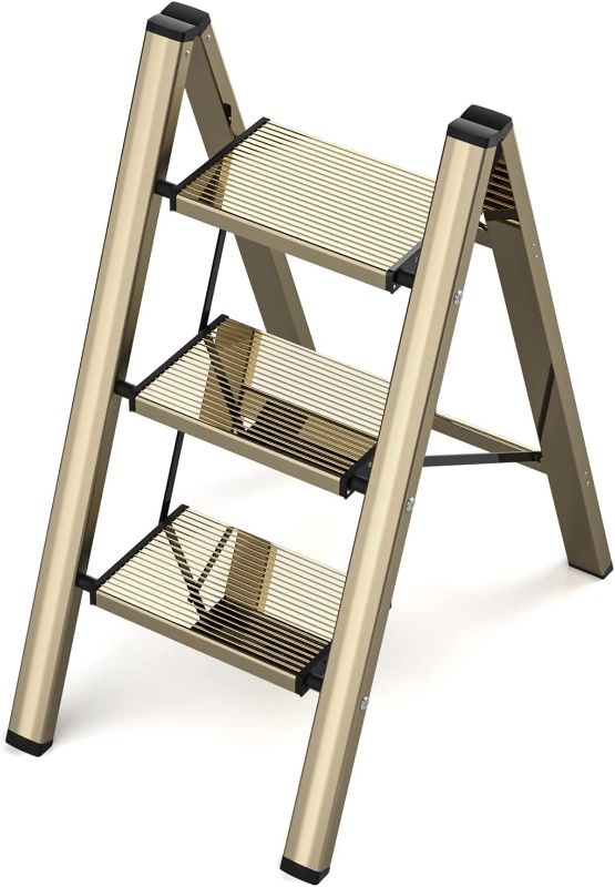 Photo 1 of 3 Step Ladder, Aluminum Folding Step Stool with Wide Anti-Slip Sturdy Pedal, Portable Lightweight Step Stool Multi-Use for Kitchen Household and Office, Gold, 330 LBS