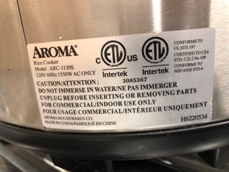 Photo 3 of **DONT TURN ON**
Aroma Housewares 60-Cup (Cooked) (30-Cup UNCOOKED) Commercial Rice Cooker, Stainless Steel Exterior (ARC-1130S)