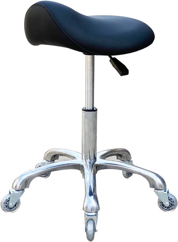 Photo 1 of FRNIAMC Professional Saddle Stool with Wheels Ergonomic Swivel Rolling Height Adjustable for Clinic Dentist Beauty Salon Tattoo Home Office (Black)