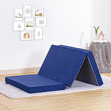 Photo 1 of **USED**
Folding Mattress, Tri-fold Memory Foam Mattress with Washable Cover, 3-Inch, Small Twin Size, Play Mat, Foldable Bed, Guest beds, Camp Portable Bed, Blue,