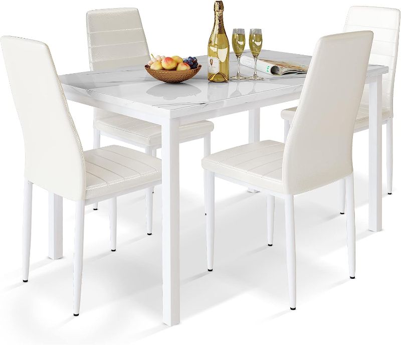 Photo 1 of **INCOMPLETE**AWQM White Dining Table Set for 4,Faux Marble Kitchen Table and Chairs for 4 with Upholstered Leather Chairs,Dining Room Table Set for Kitchen,Small Spaces,Breakfast Nook,White+Beige
