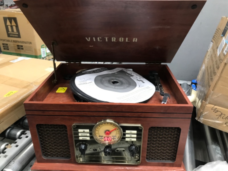 Photo 2 of Victrola Nostalgic 6-in-1 Bluetooth Record Player & Multimedia Center with Built-in Speakers - 3-Speed Turntable, CD & Cassette Player, FM Radio | Wireless Music Streaming | Mahogany Mahogany Entertainment Center