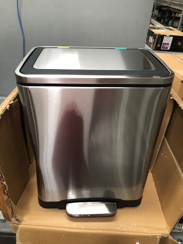 Photo 2 of Amazon Basics 30L Dual Bin Soft-Close Trash can with Foot Pedal - 2 x 15 Liter Bins, Stainless Steel 30-Liter