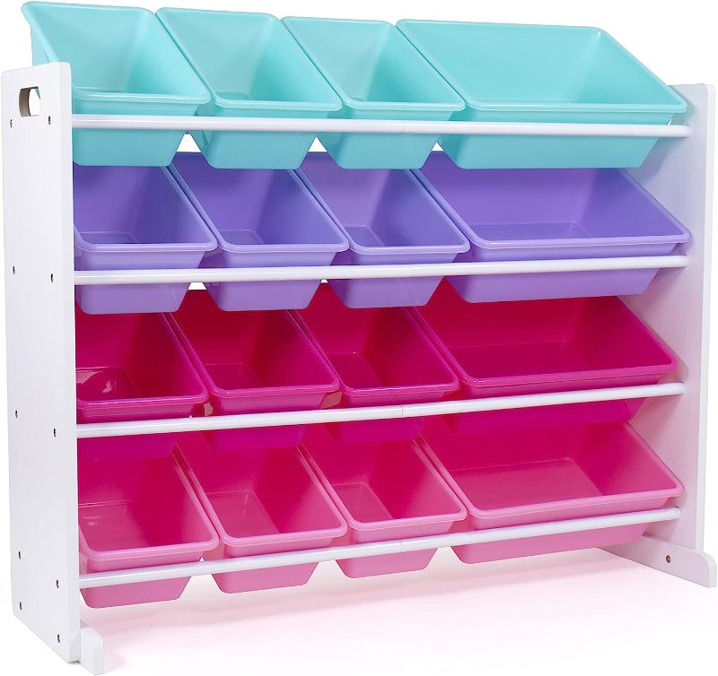 Photo 1 of *** USED *** Humble Crew, White/Blue/Pink/Purple Extra-Large Toy Organizer, 16 Storage Bins & Supersized Wood Toy Storage Organizer, Extra Large, Grey/White White/Blue/Pink/Purple Toy Organizer + Organizer, Grey/White