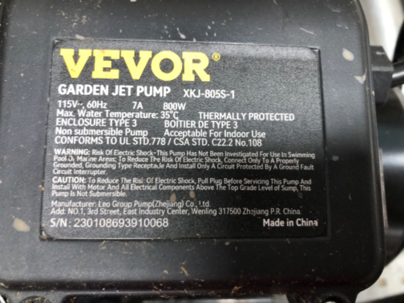 Photo 5 of *** USED *** ** TESTED POWERED ON ** VEVOR Shallow Well Pump,Garden Jet Pump, 1.1 HP 115V, 978 GPH 131ft, Portable Stainless Steel Sprinkler Booster Jet Pumps for Garden Lawn Irrigation system, Lake Fountain, Water Transfer 01 978GPH 1.1HP