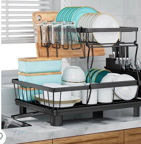 Photo 1 of 7 code 2-Tier Dish Drying Rack for Kitchen Counter,Detachable Large Capacity Dish Drainer Organizer with Utensil Holder, Drain Board,Black