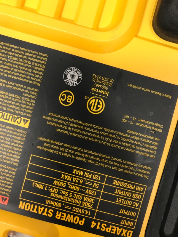 Photo 1 of DEWALT DXAEPS14 1600 Peak Battery Amp 12V Automotive Jump Starter/Power Station with 500 Watt AC Power Inverter, 120 PSI Digital Compressor, and USB Power , Yellow