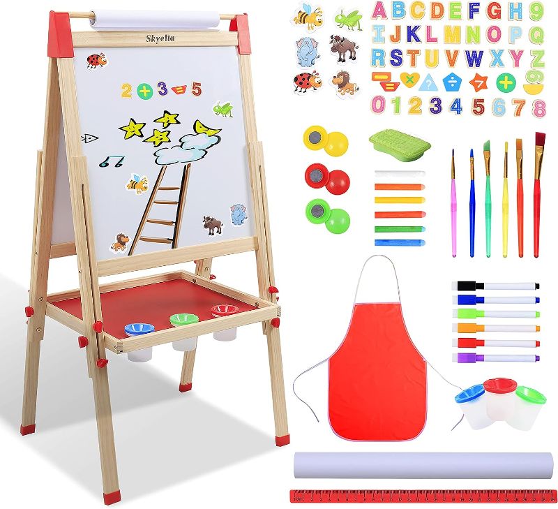 Photo 1 of **SIMILAR TO STOCK PHOTO** OMOTIYA 3-in-1 Wooden Easel for Kids, Toddle Double-Sided Easel with Magnetic Whiteboard and Painting Blackboard, 360 Rotatable, Paper-roll Holder, Storage Tray, and Stickers Included
