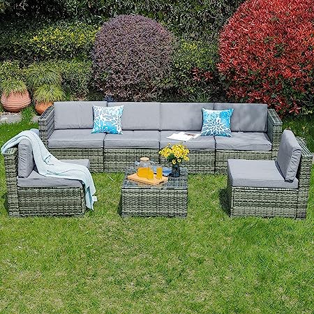 Photo 1 of **missing other set** YITAHOME 7 Piece Outdoor Patio Furniture Sets, Garden Conversation Wicker Sofa Set, and Patio Sectional Furniture Sofa Set with Coffee Table and Cushion for Lawn, Backyard, and Poolside, Gray Gradient
