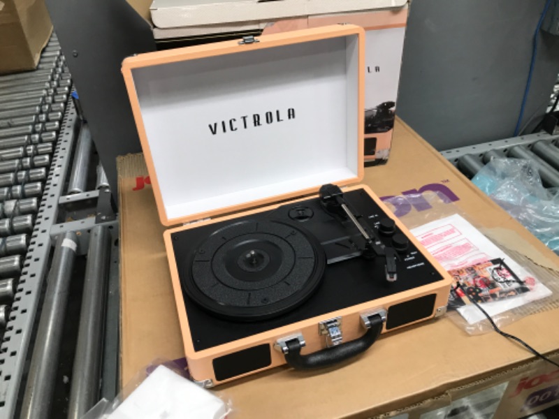 Photo 2 of Victrola Vintage 3-Speed Bluetooth Portable Suitcase Record Player with Built-in Speakers | Upgraded Turntable Audio Sound| Includes Extra Stylus | Peach Rose Gold (VSC-550BT- TPG) Peach Rose Gold Record Player