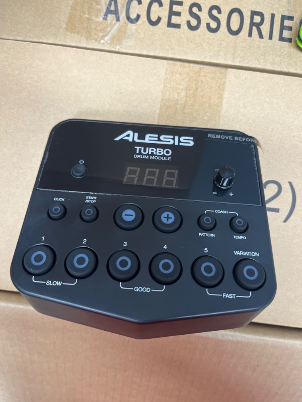 Photo 4 of *BRAND NEW, MODULE POWERS ON* Alesis Drums Turbo Mesh Kit – Electric Drum Set With 100+ Sounds, Mesh Drum Pads, Drum Sticks, Connection Cables and 60 Melodics Lessons