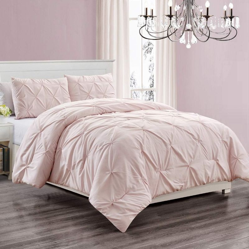 Photo 1 of 3 Piece Microfiber Comforter Set Girls Bed Dorm Room Decor Pinch Pleat Pintuck Down Alternative Queen Size Bedding - All Season Rose Blush Pink Bedroom Decor- JN1 (Queen 3 Piece)
