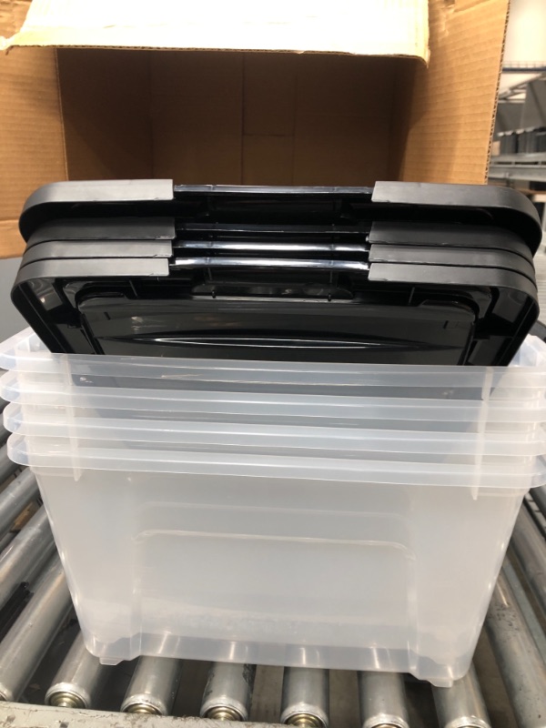 Photo 3 of IRIS USA 19 Qt. Plastic Storage Container Bin with Secure Lid and Latching Buckles, 4 pack - Clear/Black, Durable Stackable Nestable Organizing Tote Tub Box Toy General Organization Small
