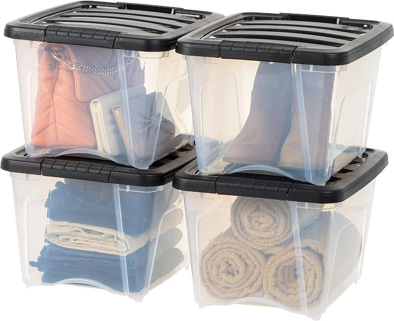 Photo 1 of IRIS USA 19 Qt. Plastic Storage Container Bin with Secure Lid and Latching Buckles, 4 pack - Clear/Black, Durable Stackable Nestable Organizing Tote Tub Box Toy General Organization Small
