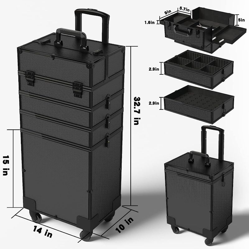 Photo 1 of 5 in 1 Cosmetic Train Case Professional Rolling Makeup Travel Case Cosmetic Organizer Detachable Aluminum Makeup Cosmetic Storage Case Artist Storage Trolley with 4 Wheels, 32.7"x14"x10",Black
