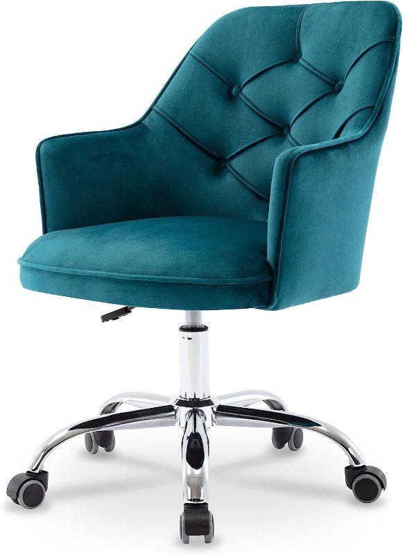 Photo 1 of HOMEFUN Velvet Desk, Chair Cute Vanity Chair Upholstered Swivel Rolling Task Chair Girls Home Office Chair Height Adjustable for Bedroom Living Room, Teal
