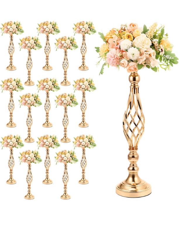 Photo 1 of 20 Pcs Metal Flower Arrangement Stand Wedding Flower Centerpieces Stand 20 Inch Tall Elegant Metal Flower Vase Gold Candelabra Candle Holder for Wedding Reception Table Decor Party Hotel Home Decor