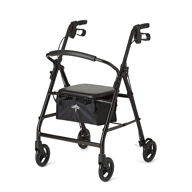 Photo 1 of 
Medline Foldable Steel Rollator Walker with Seat & 6” Wheels – Stand Up, Rolling, for Injuries, Seniors, & Adults, Black