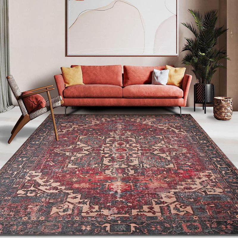 Photo 1 of 5x7 Oriental Area Rug in Blue & Red - Indoor Accent Rugs for Living Room, Entryway, Bedroom, Boho Rug, Non-Slip & Machine Washable, Unique Print Design, Stylish Home Carpet, Ideal for Any Space