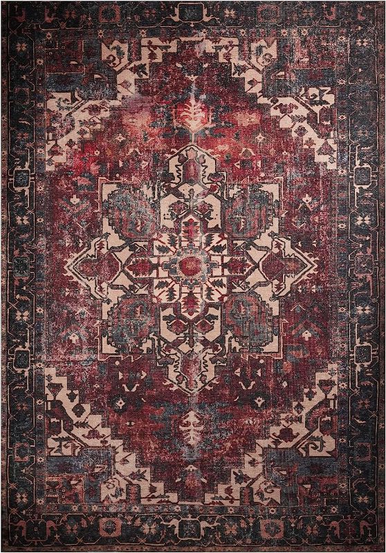 Photo 2 of 5x7 Oriental Area Rug in Blue & Red - Indoor Accent Rugs for Living Room, Entryway, Bedroom, Boho Rug, Non-Slip & Machine Washable, Unique Print Design, Stylish Home Carpet, Ideal for Any Space