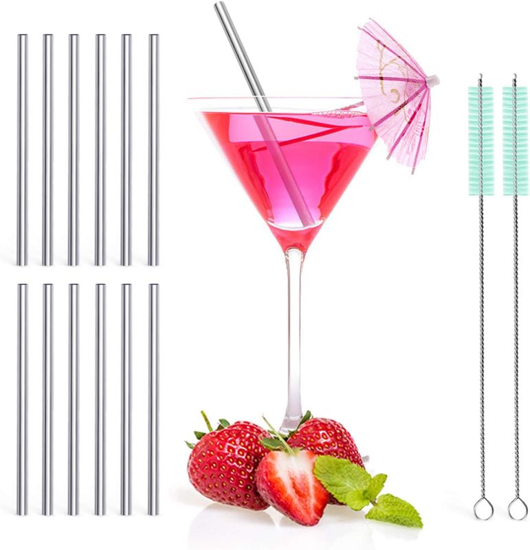 Photo 1 of (Bundle) Teivio 12 Pack + Cleaning Brush, 5-inch Extra Short Reusable Stainless Steel Drink Straws for Cocktails, Small Glasses or Cups (Silver)
