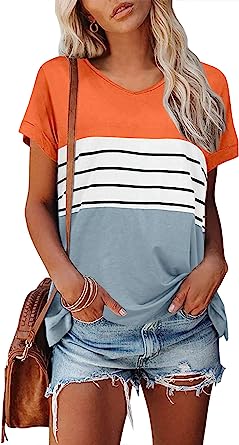 Photo 1 of ( BUNDLE 3 ) Womens Color Block Short Sleeve Tops Summer V Neck Casual Loose Tunic T-Shirts xl