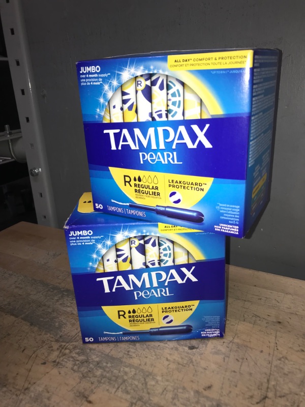 Photo 2 of (PACK OF 2) Tampax Pearl Tampons Regular Absorbency, With Leakguard Braid, Unscented, 50 Count x 2 Packs (100 Count total)