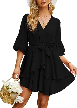 Photo 1 of Small Black iGENJUN Women's Dress Deep V-Neck Bell Sleeve Waist Wrap Tie Swing Mini Wedding Dresses