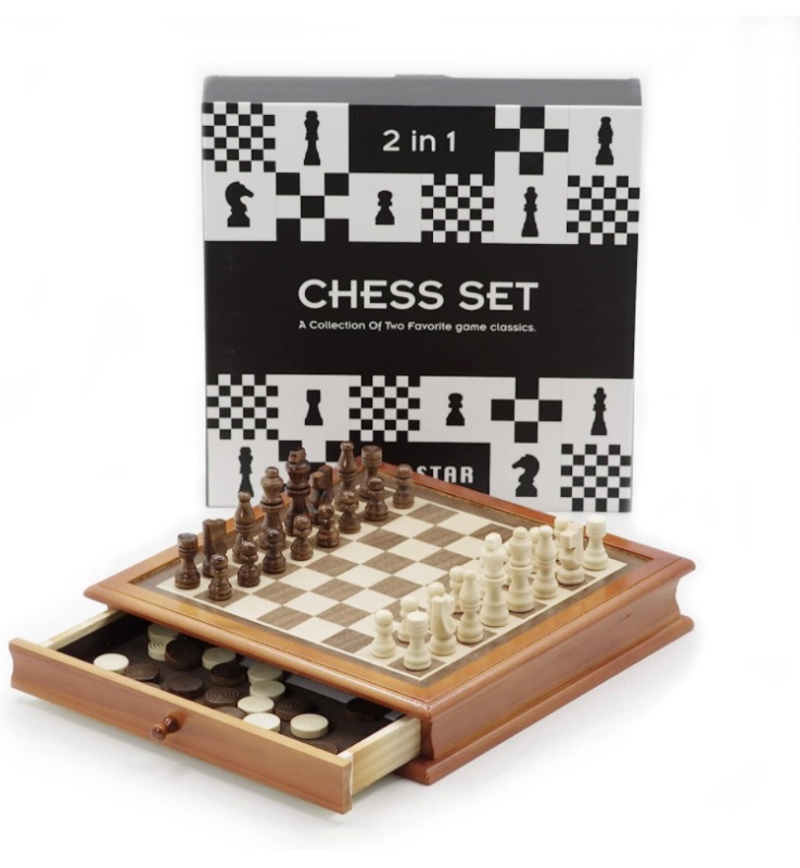 Photo 1 of ANDSTAR 2 in 1 Wooden Chess and Checkers Board Game Set Staunton Style Pieces with Storage Drawer Combo Set Portable Table Games for Kids and Adults Travel Family Party