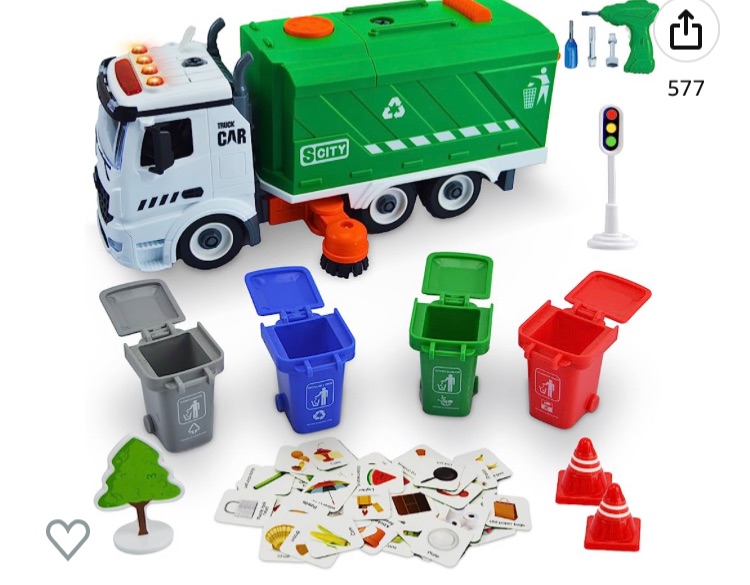 Photo 1 of 71 PCS Take Apart Garbage Truck Playset – 1:12 SCALE Push & Go + Electric Drill, Sounds & Lights, Road Signs Set, 4 TRASH CANS & 40 FLASH CARDS for Learning – Recycling Truck for boys ages 4 5 6 7 8 +