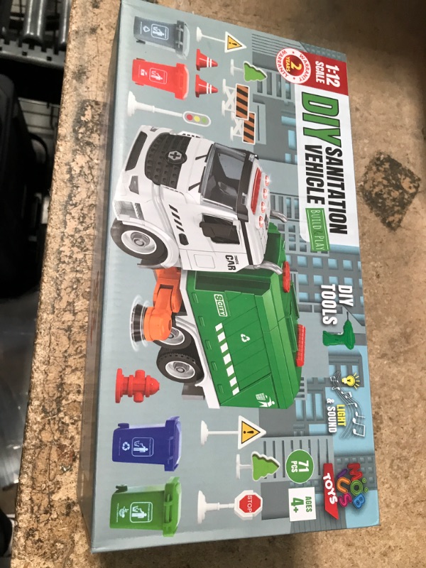 Photo 2 of 71 PCS Take Apart Garbage Truck Playset – 1:12 SCALE Push & Go + Electric Drill, Sounds & Lights, Road Signs Set, 4 TRASH CANS & 40 FLASH CARDS for Learning – Recycling Truck for boys ages 4 5 6 7 8 +