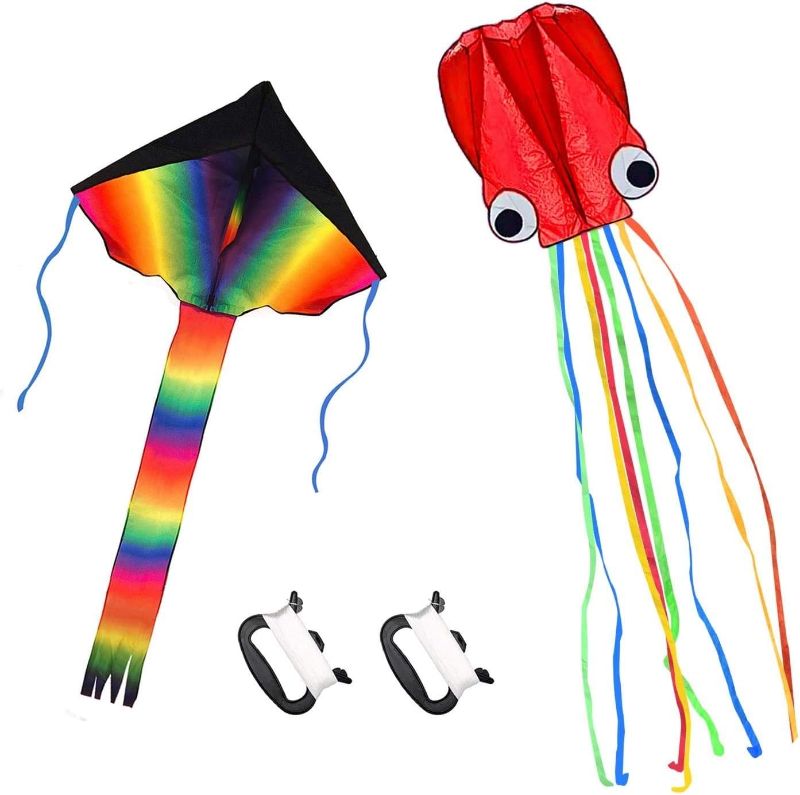 Photo 1 of 2 Pack Kites - Large Rainbow Kite and Red Mollusc Octopus with Long Colorful Tail for Children Outdoor Game,Activities,Beach Trip Great Gift to Kids Childhood Precious Memories COLORS AND DESIGNS MAY VARY