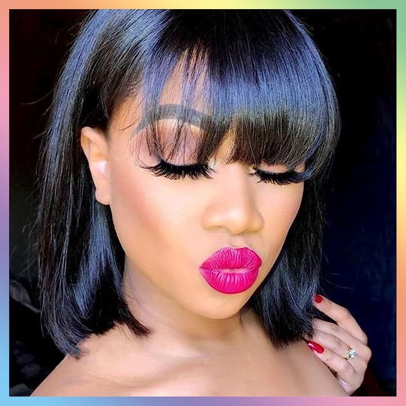 Photo 2 of Short Bob Wig With Bangs Human Hair Natural Black Straight 12Inch Blunt Cut Bob Wig Human Hair For Black Women None Lace Front Wigs Brazilian Virgin Straight Glueless 100 % human hair wigs with bangs 