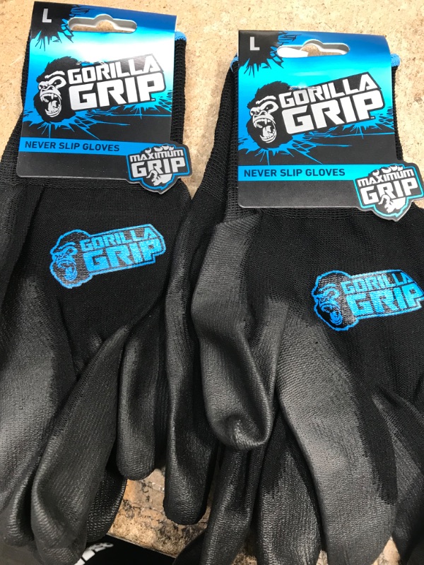 Photo 2 of GORILLA GRIP Grey Slip Resistant All Purpose Work Gloves Black Large-1 Pair (2 pk)