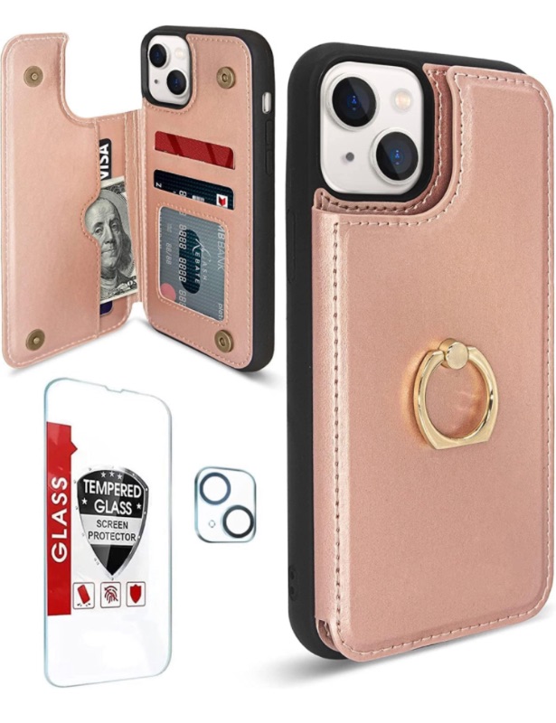 Photo 1 of [3 in 1] iPhone 14 Case Wallet with Card Holder, [Tempered Glass Screen Protector + Camera Lens Protector], RFID Blocking, 360°Rotation Ring Kickstand, Military Protective Flip Case (Pink)