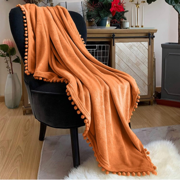 Photo 1 of 2 pack - LOMAO Flannel Blanket with Pompom Fringe Lightweight Cozy Bed Blanket Soft Throw Blanket fit Couch Sofa Suitable for All Season (Orange, 51''x 63'')