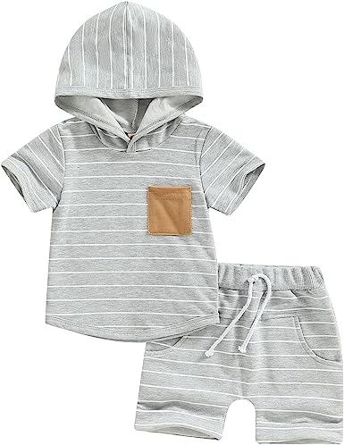 Photo 1 of FunurHoome Summer Toddler Baby Boys Outfits Short Sleeve Hooded T Shirt Tops Drawstring Short Pants 2pcs Clothes Set- 6/12 m