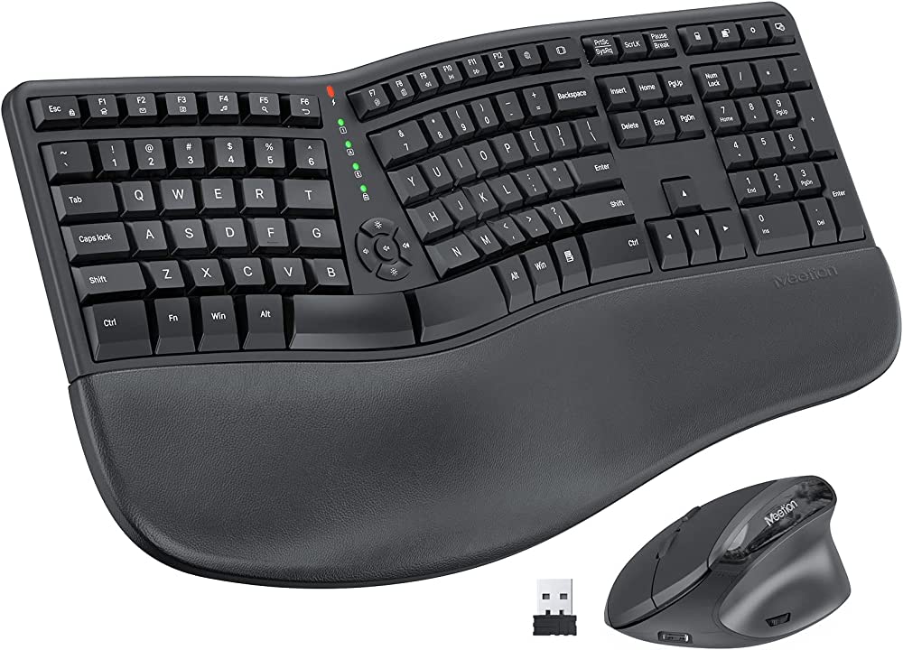 Photo 1 of MEETION Ergonomic Wireless Keyboard and Mouse, Ergo Keyboard with Vertical Mouse, Split Keyboard with Cushioned Wrist, Palm Rest, Natural Typing, Rechargeable, Full Size, Windows/Mac/Computer/Laptop