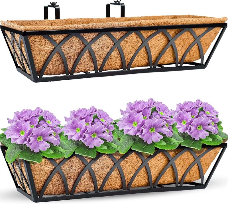 Photo 1 of 4 pack 24 Inch Window Deck with Coco Liner, 24" Window Boxes Horse Trough with Coconut Coir Liner, Fence Metal Hanging Flower Planter Window Basket Deck Railing Planter Boxes for Outdoor Garden Lawn
