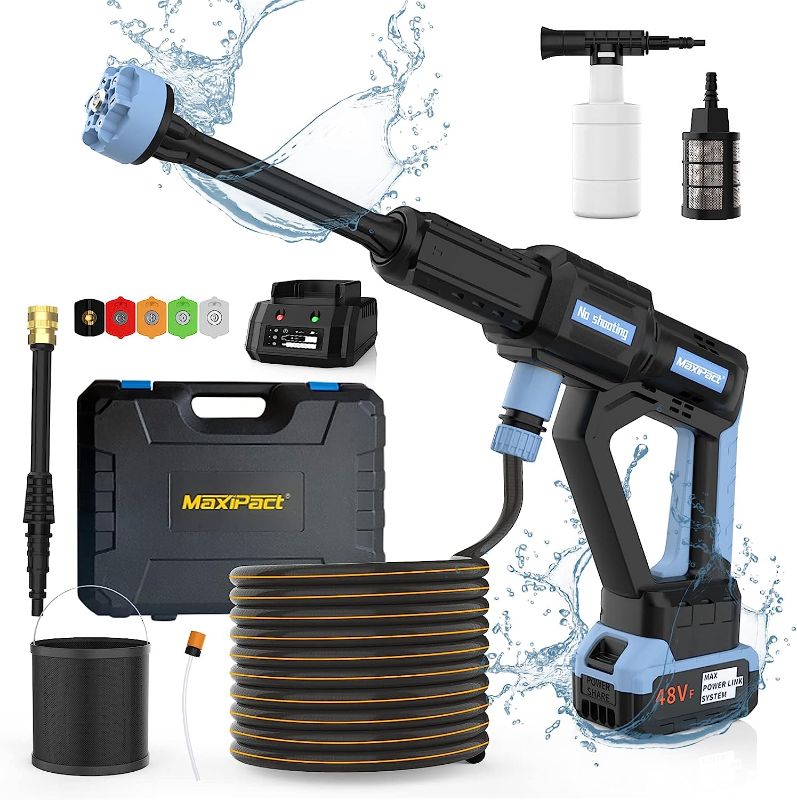 Photo 1 of MAXIPACT Cordless Pressure Washer, Portable Pressure Washer with Display, Max 1000PSI, 3 Speed Adjustment, Electric Cordless Power Washer with 6 in 1 Nozzle, Battery Pressure Washer for Car Garden
