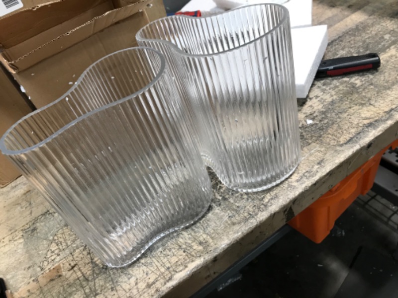 Photo 1 of 2 Pieces Clear Glass Vase for Centerpieces Modern Large Vase for Flowers Footprint Shape Ribbed Vase Striped Glass Flower Vases Desktop Fluted Vase for Home Living Room Dining Table Wedding Decor
