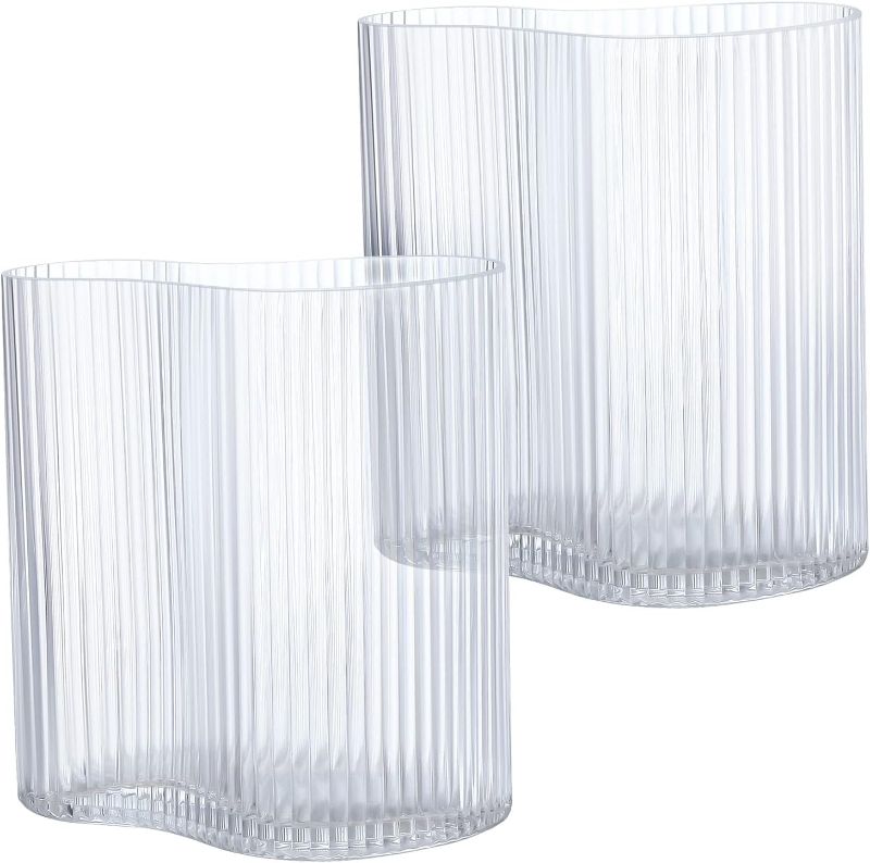 Photo 1 of 2 Pieces Clear Glass Vase for Centerpieces Modern Large Vase for Flowers Footprint Shape Ribbed Vase Striped Glass Flower Vases Desktop Fluted Vase for Home Living Room Dining Table Wedding Decor
